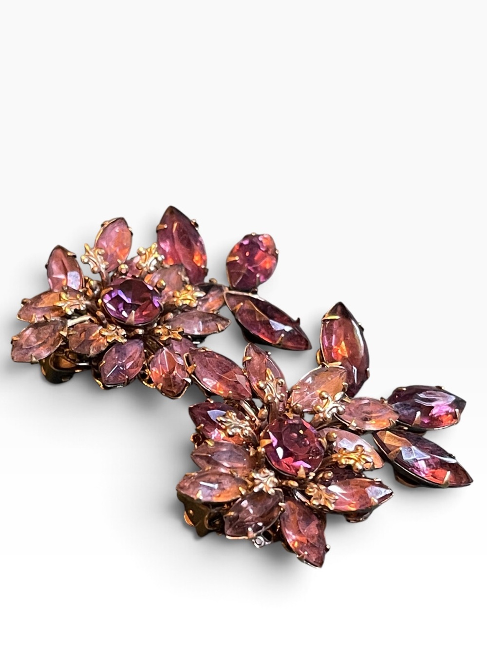 Vintage Multi-Layered Shades of Purple Rhinestone Clip On Statement Earrings